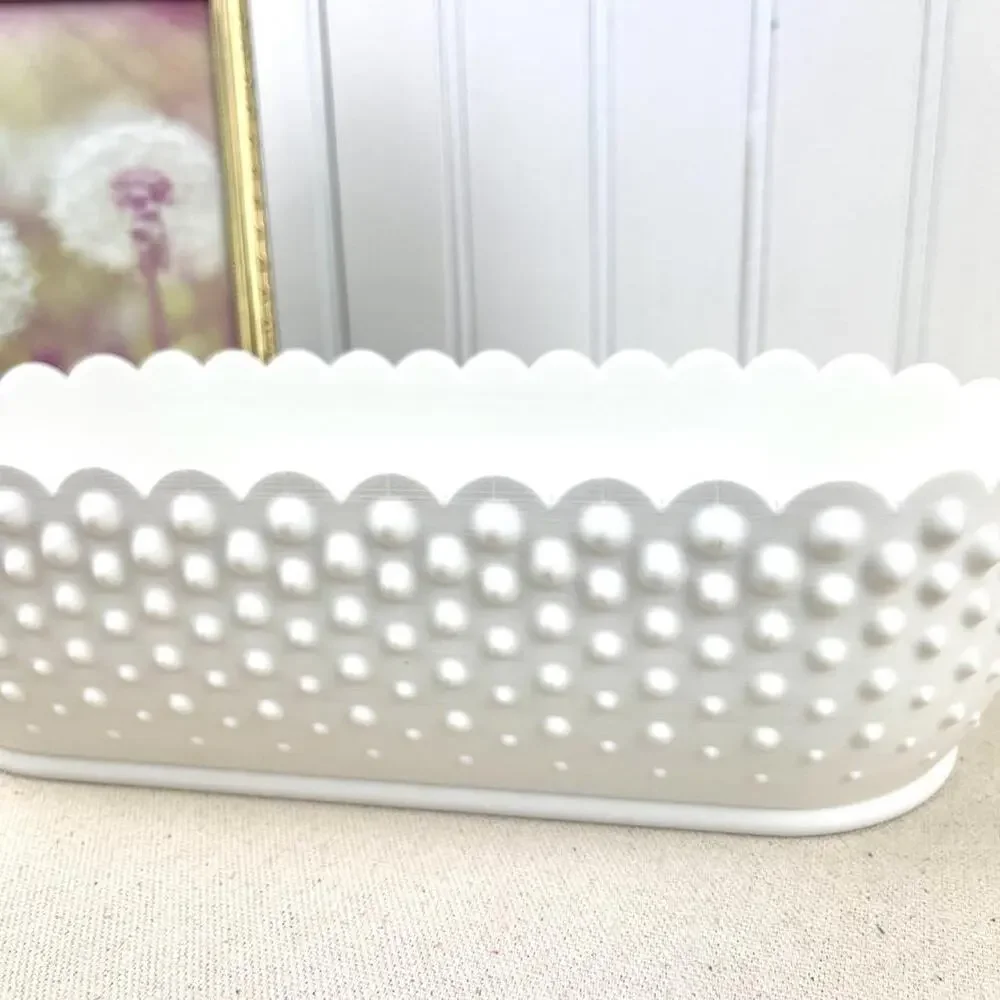 White Hobnail Bowl, Oblong Bowl, Decorative Bowl with Scalloped Edge